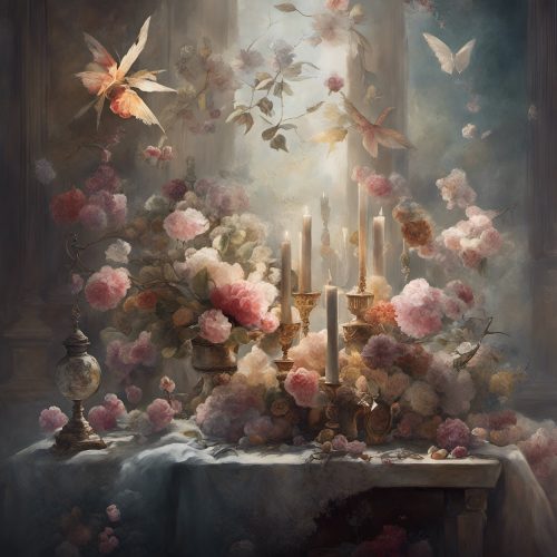 Csendélet 010 szürreális asztal virágokkal és pillangókkal