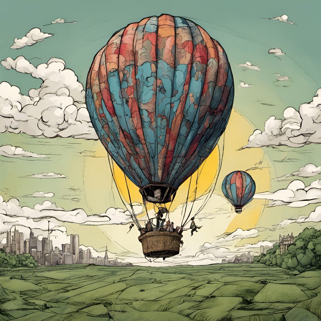 Hőlégballon felszállás után, digitális rajz.