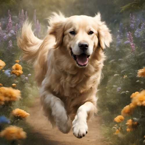Vászonkép Állat 001 Golden Retriever virágokkal