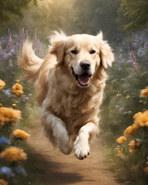 Vászonkép Állat 001 Golden Retriever virágokkal